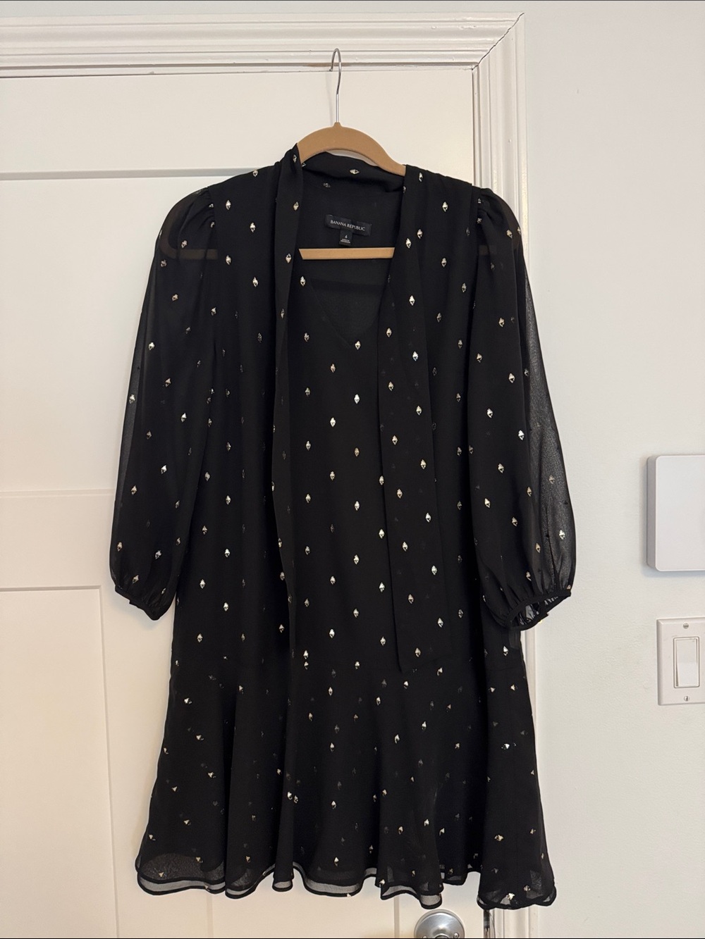 Banana Republic Metallic Dot Tie-Neck Black Dress